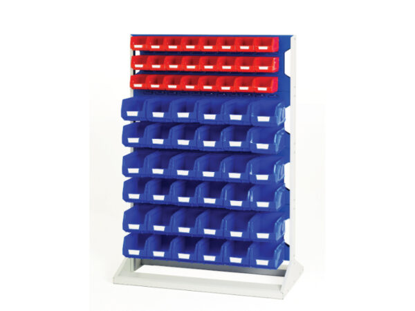 Parts Storage Bin Rack - Louvre Panel Rack Double Sided And Bin Kit with 8 Panels, 48X Red 72X Blue Bins. WxDxH: 1000X550X1450mm Ral 7035/5010 _SKU-16917223.11V