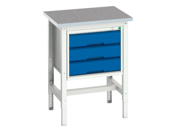 Pedestal Stand Workbench - Verso Adj. Height Workstand with 3 Drawer Storage Cabinet And Lino Top. WxDxH: 700X600X780-930mm Ral 7035/5010 _SKU-16921603.11