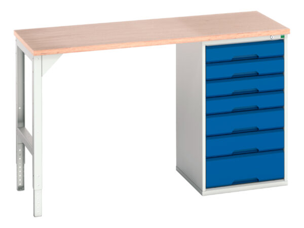 Verso Pedestal Bench with 7 Drawer - 525W Cab And Mpx Worktop. WxDxH: 1500X600X930mm Ral 7035/5010 _SKU-16921901.11