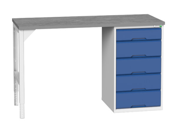 Workshop Workbench with 5 Drawers - Verso Pedestal Bench with 5 Drawer 525W Cab And Lino Worktop. WxDxH: 1500X600X930mm Ral 7035/5010 _SKU-16921910.11