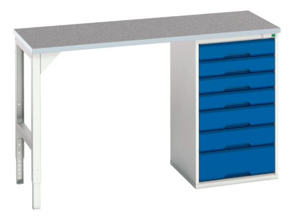 Workbench Drawers Steel - Verso Pedestal Bench with 7 Drawer 525W Cab And Lino Worktop. WxDxH: 1500X600X930mm Ral 7035/5010 _SKU-16921911.11