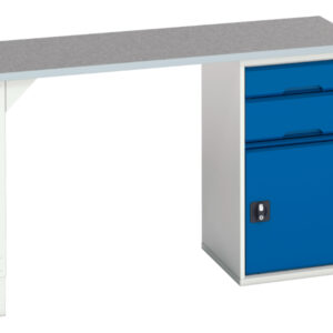 Metal Workbench with Cupboard Storage - Verso Pedestal Bench with 2 Drawers/Cbd 525W Cab And Lino Top. WxDxH: 1500X600X930mm Ral 7035/5010 _SKU-16921912.11