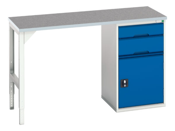 Metal Workbench with Cupboard Storage - Verso Pedestal Bench with 2 Drawers/Cbd 525W Cab And Lino Top. WxDxH: 1500X600X930mm Ral 7035/5010 _SKU-16921912.11
