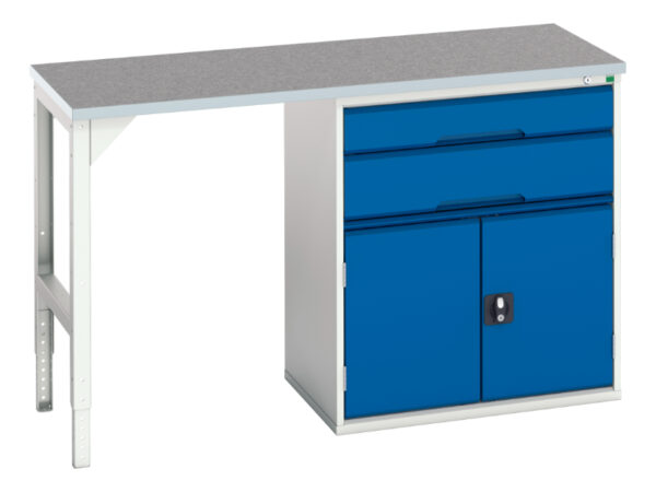 Workbench with Storage Cabinet - Verso Pedestal Bench with 2 Drawers/Cbd 800W Cab And Lino Top. WxDxH: 1500X600X930mm Ral 7035/5010 _SKU-16921915.11
