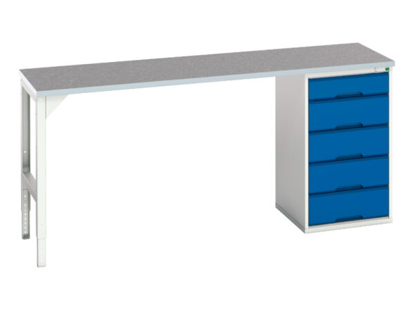 Workbench Drawers Metal - Verso Pedestal Bench with 5 Drawer 525W Cab And Lino Worktop. WxDxH: 2000X600X930mm Ral 7035/5010 _SKU-16921960.11