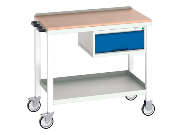 Steel Worktop Workstation On Wheels - Verso Mobile Welded Bench with 1 Drawer Cab And Mpx Top. WxDxH: 1000X600X930mm Ral 7035/5010 _SKU-16922801.11
