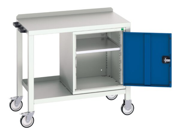 Steel Worktop Workstation On Wheels - Verso Mobile Welded Bench with Cupboard Storage And Steel Top. WxDxH: 1000X600X910mm Ral 7035/5010 _SKU-16922802.11