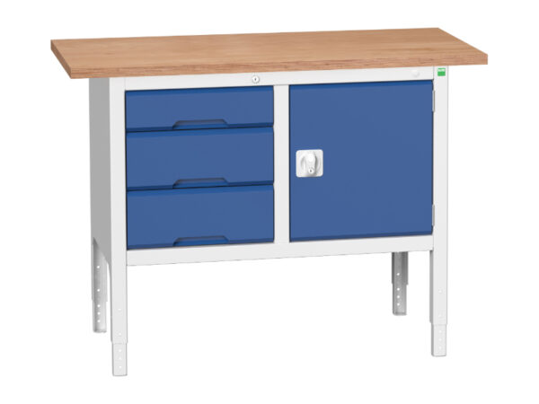 Workshop Storage And Bench - Verso Adj. Height Storage Bench (Mpx) with 3 Drawer Cab / Cupboard Storage. WxDxH: 1250X600X830-930mm Ral 7035/5010 _SKU-16923003.11