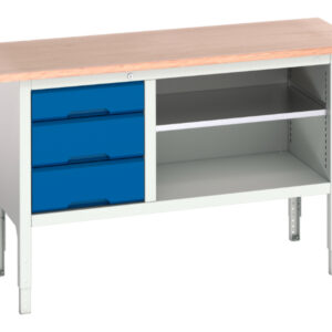 Metal Workbench with Drawers - Verso Adj. Height Storage Bench (Mpx) with 3 Drawer Cab / Mid Shelf. WxDxH: 1500X600X830-930mm Ral 7035/5010 _SKU-16923012.11