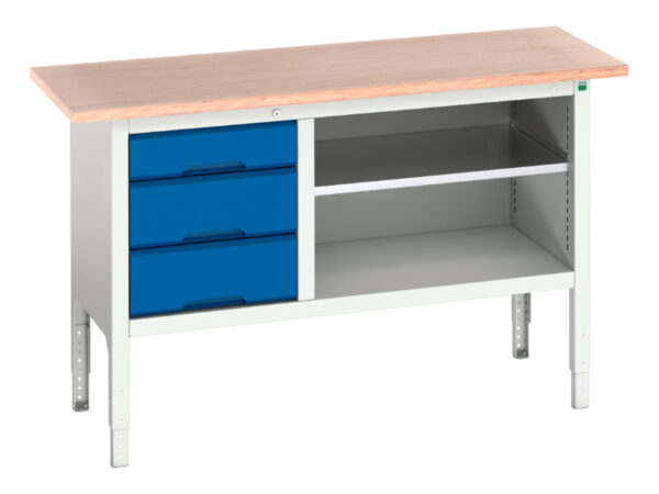 Metal Workbench with Drawers - Verso Adj. Height Storage Bench (Mpx) with 3 Drawer Cab / Mid Shelf. WxDxH: 1500X600X830-930mm Ral 7035/5010 _SKU-16923012.11