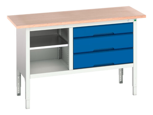 1. 5M Storage Workbench - Verso Adj. Height Storage Bench (Mpx) with Mid Shelf / 3 Drawer Cab. WxDxH: 1500X600X830-930mm Ral 7035/5010 _SKU-16923013.11