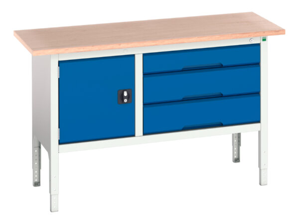1500mm Workbench Metal - Verso Adj. Height Storage Bench (Mpx) with Cupboard Storage / 3 Drawer Cab. WxDxH: 1500X600X830-930mm Ral 7035/5010 _SKU-16923014.11