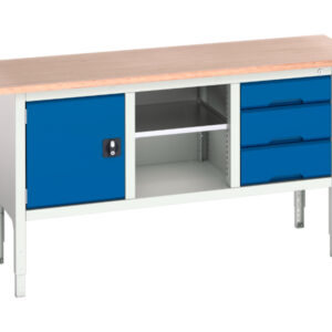 Workbench Storage Cupboard Storage - Verso Adj. Height Storage Bench (Mpx) with Cupboard Storage / Mid Shelf / 3 Drawer Cab. WxDxH: 1750X600X830-930mm Ral 7035/5010 _SKU-16923020.11