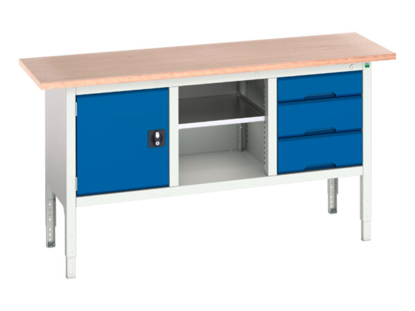 Workbench Storage Cupboard Storage - Verso Adj. Height Storage Bench (Mpx) with Cupboard Storage / Mid Shelf / 3 Drawer Cab. WxDxH: 1750X600X830-930mm Ral 7035/5010 _SKU-16923020.11