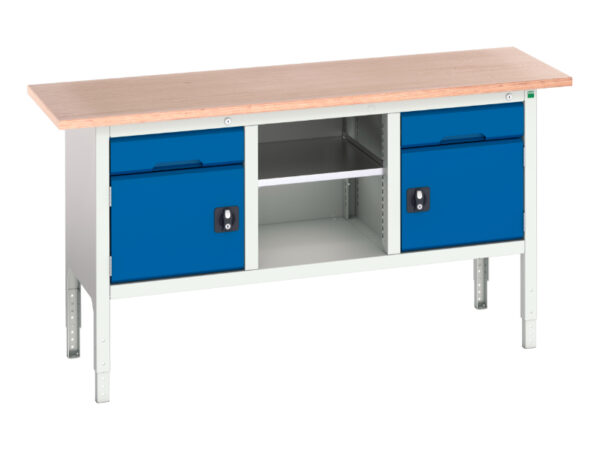 Metal Work Bench with Drawer - Verso Adj. Height Storage Bench (Mpx) with 1 Drwr-Cbd / Mid Shelf / 1 Drwr-Cbd. WxDxH: 1750X600X830-930mm Ral 7035/5010 _SKU-16923021.11