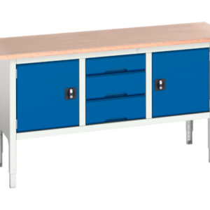 Heavy Duty Workbench with Cupboard Storage - Verso Adj. Height Storage Bench (Mpx) with Cupboard Storage / 3 Drawer Cab / Cupboard Storage. WxDxH: 1750X600X830-930mm Ral 7035/5010 _SKU-16923022.11