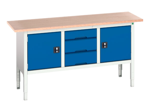 Heavy Duty Workbench with Cupboard Storage - Verso Adj. Height Storage Bench (Mpx) with Cupboard Storage / 3 Drawer Cab / Cupboard Storage. WxDxH: 1750X600X830-930mm Ral 7035/5010 _SKU-16923022.11