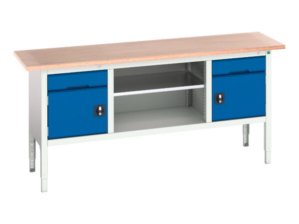 Bott Verso Workbench - Verso Adj. Height Storage Bench (Mpx) with 1 Drw-Cbd / Mid Shelf / 1 Drw-Cbd. WxDxH: 2000X600X830-930mm Ral 7035/5010 _SKU-16923031.11
