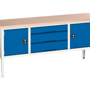 Workbench with Cupboard Storage Underneath - Verso Adj. Height Storage Bench (Mpx) with Cupboard Storage / 3 Drawer Cab / Cupboard Storage. WxDxH: 2000X600X830-930mm Ral 7035/5010 _SKU-16923032.11
