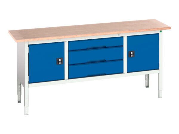 Workbench with Cupboard Storage Underneath - Verso Adj. Height Storage Bench (Mpx) with Cupboard Storage / 3 Drawer Cab / Cupboard Storage. WxDxH: 2000X600X830-930mm Ral 7035/5010 _SKU-16923032.11