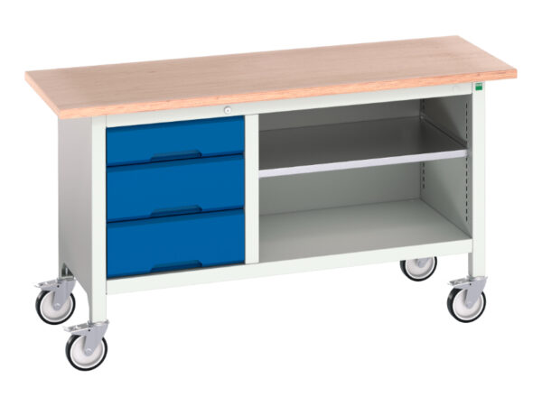 Steel Mobile Storage Workbench - Verso Mobile Storage Bench (Mpx) with 3 Drawer Cab / Mid Shelf. WxDxH: 1500X600X830mm Ral 7035/5010 _SKU-16923212.11