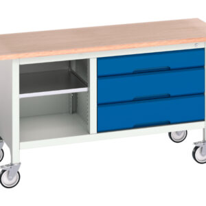 Workbench with Shelves On Wheels - Verso Mobile Storage Bench (Mpx) with Mid Shelf / 3 Drawer Cab. WxDxH: 1500X600X830mm Ral 7035/5010 _SKU-16923213.11