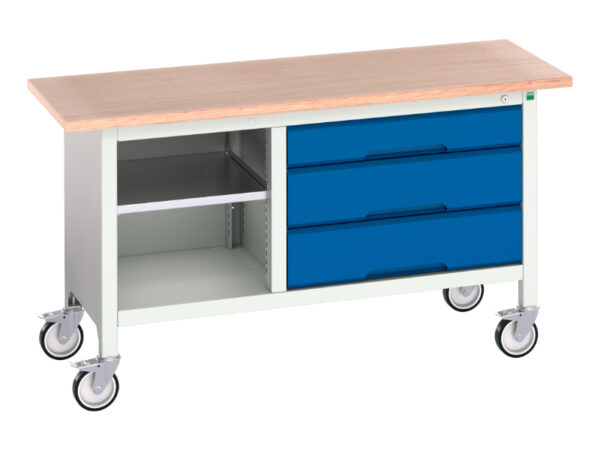 Workbench with Shelves On Wheels - Verso Mobile Storage Bench (Mpx) with Mid Shelf / 3 Drawer Cab. WxDxH: 1500X600X830mm Ral 7035/5010 _SKU-16923213.11