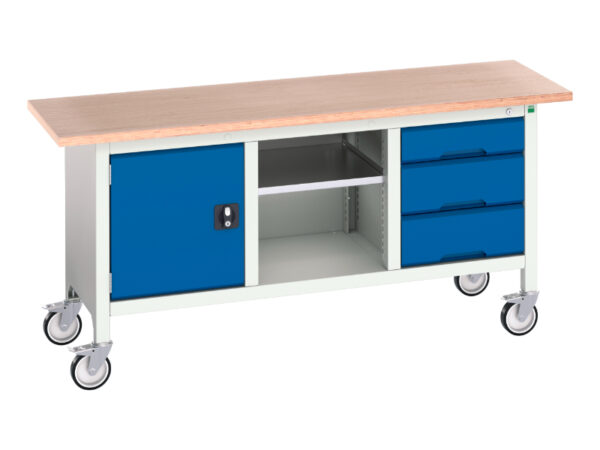 Mobile Workbench with Cupboard Storage - Verso Mobile Storage Bench (Mpx) with Cupboard Storage / Mid Shelf / 3 Drawer Cab. WxDxH: 1750X600X830mm Ral 7035/5010 _SKU-16923220.11