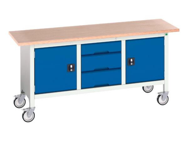Mobile Workbench with Single Cupboard Storage - Verso Mobile Storage Bench (Mpx) with Cupboard Storage / 3 Drawer Cab / Cupboard Storage. WxDxH: 1750X600X830mm Ral 7035/5010 _SKU-16923222.11