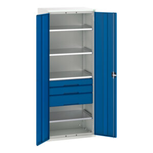 Tall Metal Cupboard Storage with Drawers - Verso Kitted Cupboard Storage with 4 Shelves, 3 Drawers. WxDxH: 800X550X2000mm Ral 7035/5010 _SKU-16926456.11