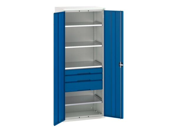 Tall Metal Cupboard Storage with Drawers - Verso Kitted Cupboard Storage with 4 Shelves, 3 Drawers. WxDxH: 800X550X2000mm Ral 7035/5010 _SKU-16926456.11
