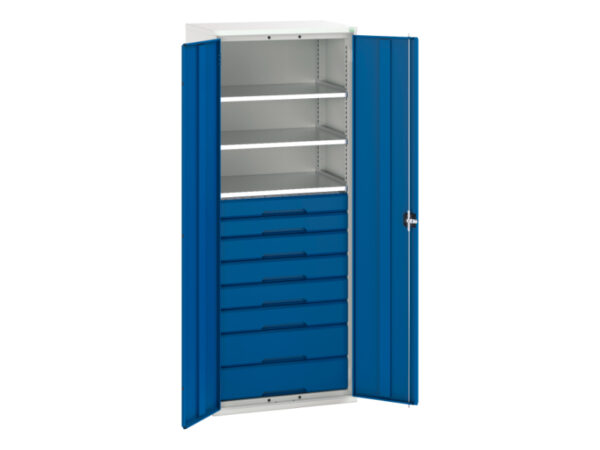 8 Drawer Metal Cupboard Storage - Verso Kitted Cupboard Storage with 3 Shelves, 8 Drawers. WxDxH: 800X550X2000mm Ral 7035/5010 _SKU-16926458.11