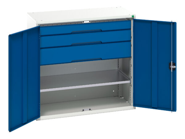 Cupboard Storage with Drawers - Verso Kitted Cupboard Storage with 1 Shelf, 3 Drawers. WxDxH: 1050X550X1000mm Ral 7035/5010 _SKU-16926554.11