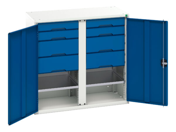 Metal Cupboard Storage with Storage Shelves - Verso Kitted Cupboard Storage with 2 Shelves, 8 Drawers. WxDxH: 1050X550X1000mm Ral 7035/5010 _SKU-16926557.11
