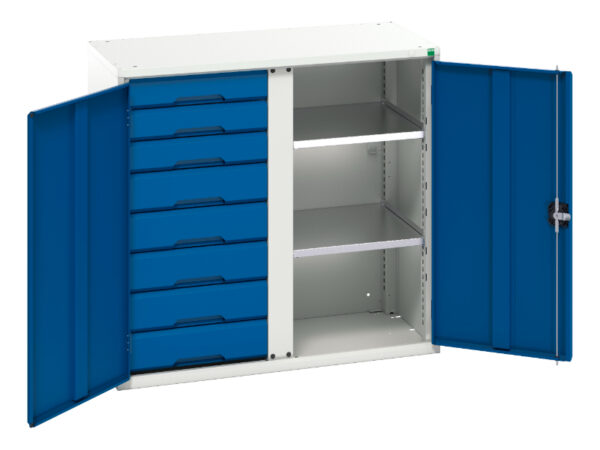 Verso Kitted Cupboard Storage - with 2 Shelves, 8 Drawers. WxDxH: 1050X550X1000mm Ral 7035/5010 _SKU-16926558.11
