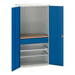 Workshop Metal Cupboard Storage Worktop - Verso Kitted Cupboard Storage with 2 Shelves, 1 Drw, Backpnls, Worktop. WxDxH: 1050X550X2000mm Ral 7035/5010 _SKU-16926570.11