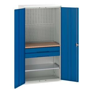 Tall Storage Cupboard Storage with Doors - Verso Kitted Cupboard Storage with 1 Shelf, 2 Drw, Backpnls, Worktop. WxDxH: 1050X550X2000mm Ral 7035/5010 _SKU-16926571.11