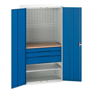 Tall Storage - Verso Kitted Cupboard Storage with 1 Shelf, 3 Drw, Backpnls, Worktop. WxDxH: 1050X550X2000mm Ral 7035/5010 _SKU-16926572.11