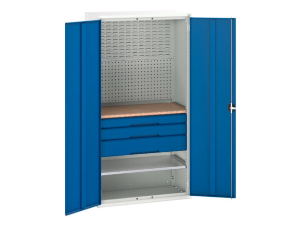 Tall Storage - Verso Kitted Cupboard Storage with 1 Shelf, 3 Drw, Backpnls, Worktop. WxDxH: 1050X550X2000mm Ral 7035/5010 _SKU-16926572.11