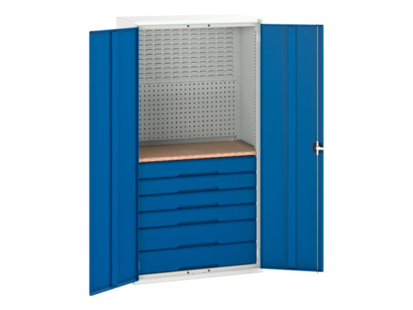 6 Drawer Metal Cupboard Storage - Verso Kitted Cupboard Storage with 6 Drawers, Backpanels, Worktop. WxDxH: 1050X550X2000mm Ral 7035/5010 _SKU-16926573.11