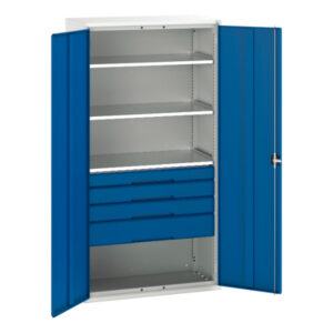 Tall Workshop Metal Cupboard Storage with Shelves - Verso Kitted Cupboard Storage with 3 Shelves, 4 Drawers. WxDxH: 1050X550X2000mm Ral 7035/5010 _SKU-16926576.11