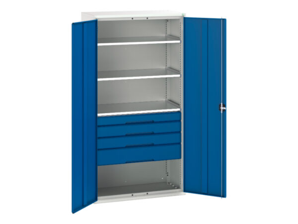 Tall Workshop Metal Cupboard Storage with Shelves - Verso Kitted Cupboard Storage with 3 Shelves, 4 Drawers. WxDxH: 1050X550X2000mm Ral 7035/5010 _SKU-16926576.11