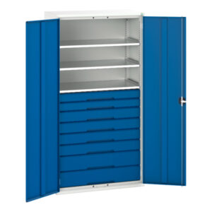 Workshop Cupboard Storage with Drawers - Verso Kitted Cupboard Storage with 3 Shelves, 8 Drawers. WxDxH: 1050X550X2000mm Ral 7035/5010 _SKU-16926577.11
