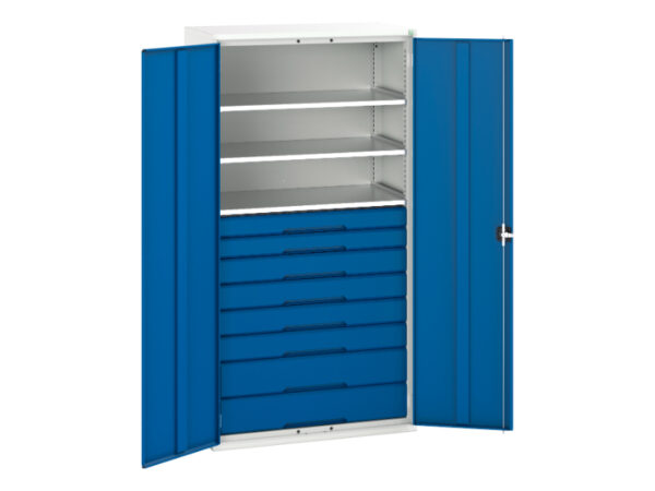 Workshop Cupboard Storage with Drawers - Verso Kitted Cupboard Storage with 3 Shelves, 8 Drawers. WxDxH: 1050X550X2000mm Ral 7035/5010 _SKU-16926577.11