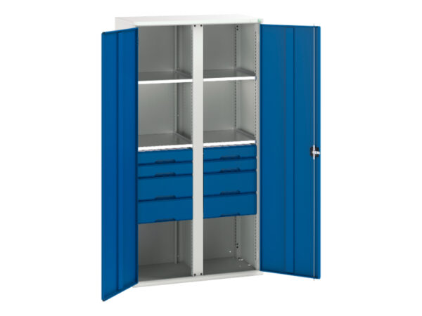 8 Drawer Metal Cupboard Storage - Verso Kitted Cupboard Storage with 4 Shelves, 8 Drawers. WxDxH: 1050X550X2000mm Ral 7035/5010 _SKU-16926583.11