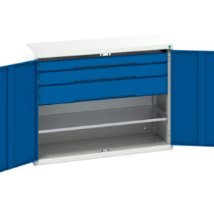 Metal Storage Storage Cabinet with Doors - Verso Kitted Cupboard Storage with 1 Shelf, 3 Drawers. WxDxH: 1300X550X1000mm Ral 7035/5010 _SKU-16926607.11