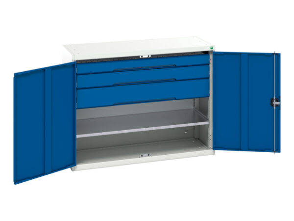 Metal Storage Storage Cabinet with Doors - Verso Kitted Cupboard Storage with 1 Shelf, 3 Drawers. WxDxH: 1300X550X1000mm Ral 7035/5010 _SKU-16926607.11