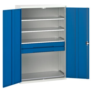 Metal Cupboard Storage with 2 Drawers - Verso Kitted Cupboard Storage with 4 Shelves, 2 Drawers. WxDxH: 1300X550X2000mm Ral 7035/5010 _SKU-16926654.11