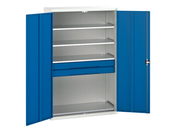 Metal Cupboard Storage with 2 Drawers - Verso Kitted Cupboard Storage with 4 Shelves, 2 Drawers. WxDxH: 1300X550X2000mm Ral 7035/5010 _SKU-16926654.11