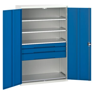 Verso Kitted Cupboard Storage with 4 Shelves, 3 Drawers. WxDxH: 1300X550X2000mm Ral 7035/5010 _SKU-16926655.11